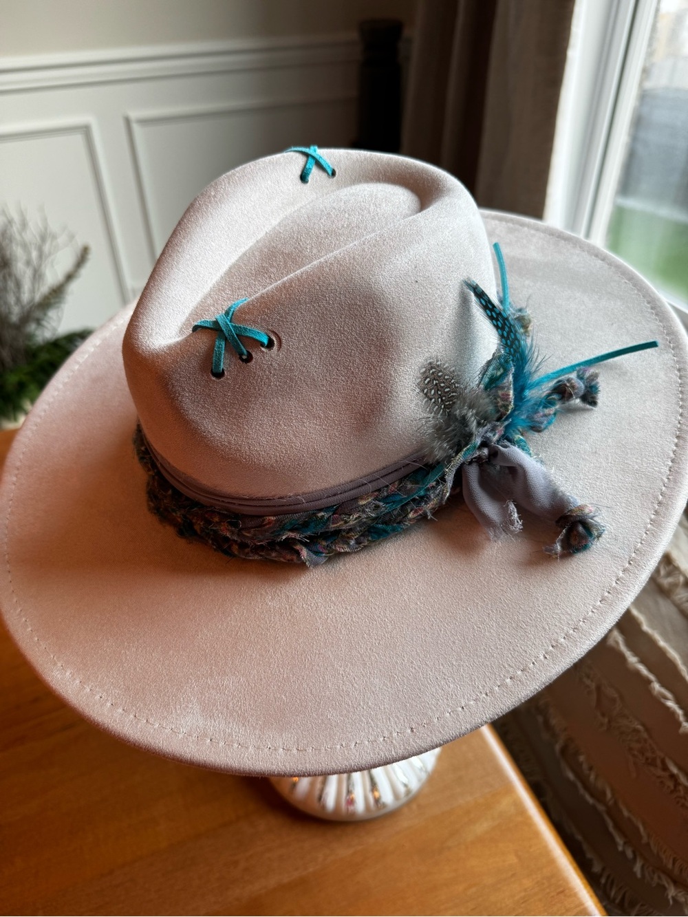 Hand Crafted Cream Vegan Suede Wide Brim Hat with Teal/Gray Accents